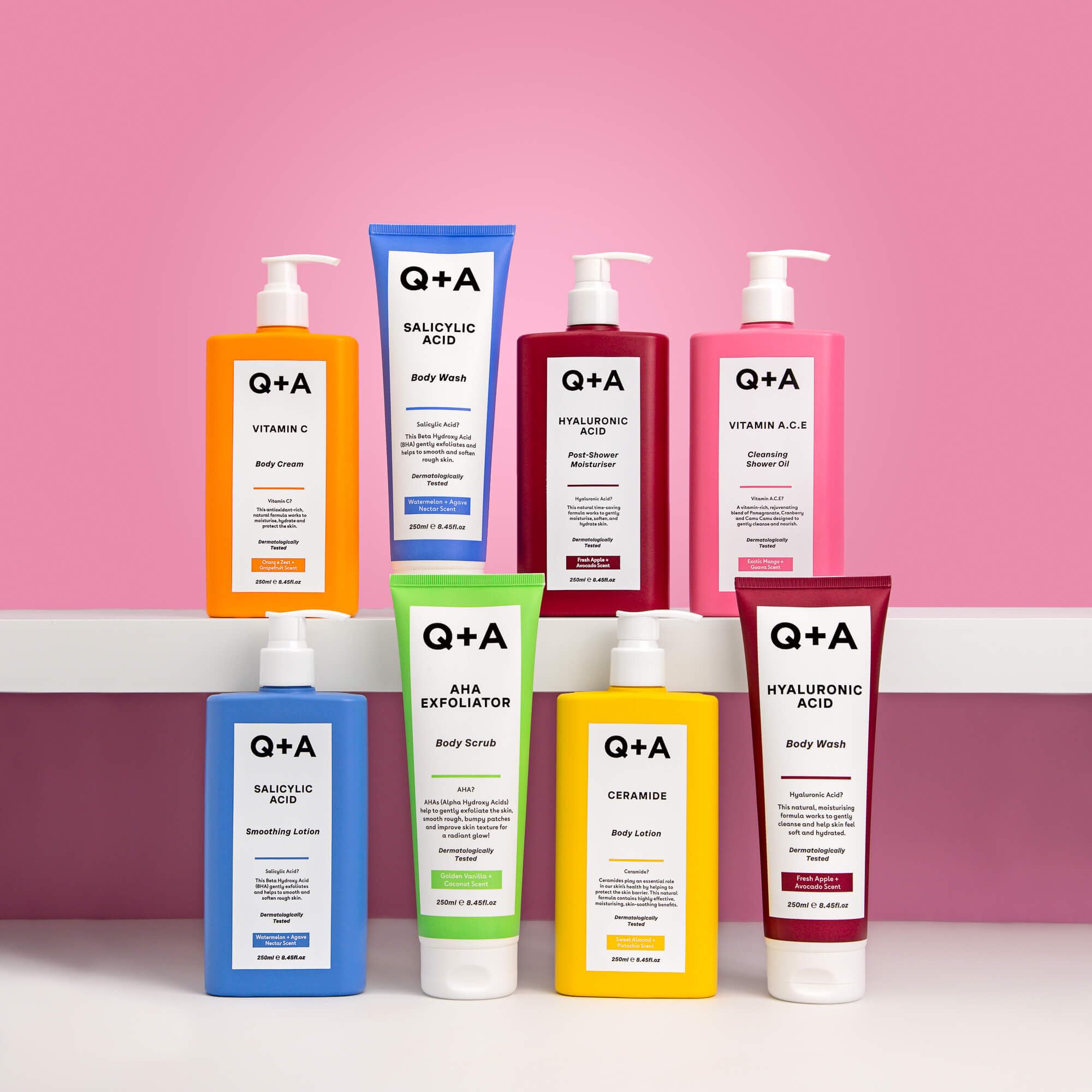 Q+A Hyaluronic Acid Body Wash, a blend of Hyaluronic Acid, Giant Kelp Extract and Saccharide Isomerate, and a fresh Apple and Avocado scent 250ml